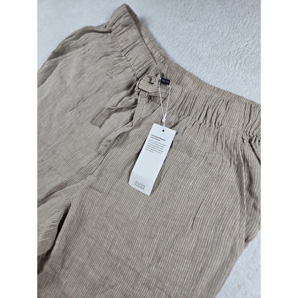 Eileen Fisher Puckered Organic Linen Stripe Wide Ankle Pant Wheat XXS S6YCN